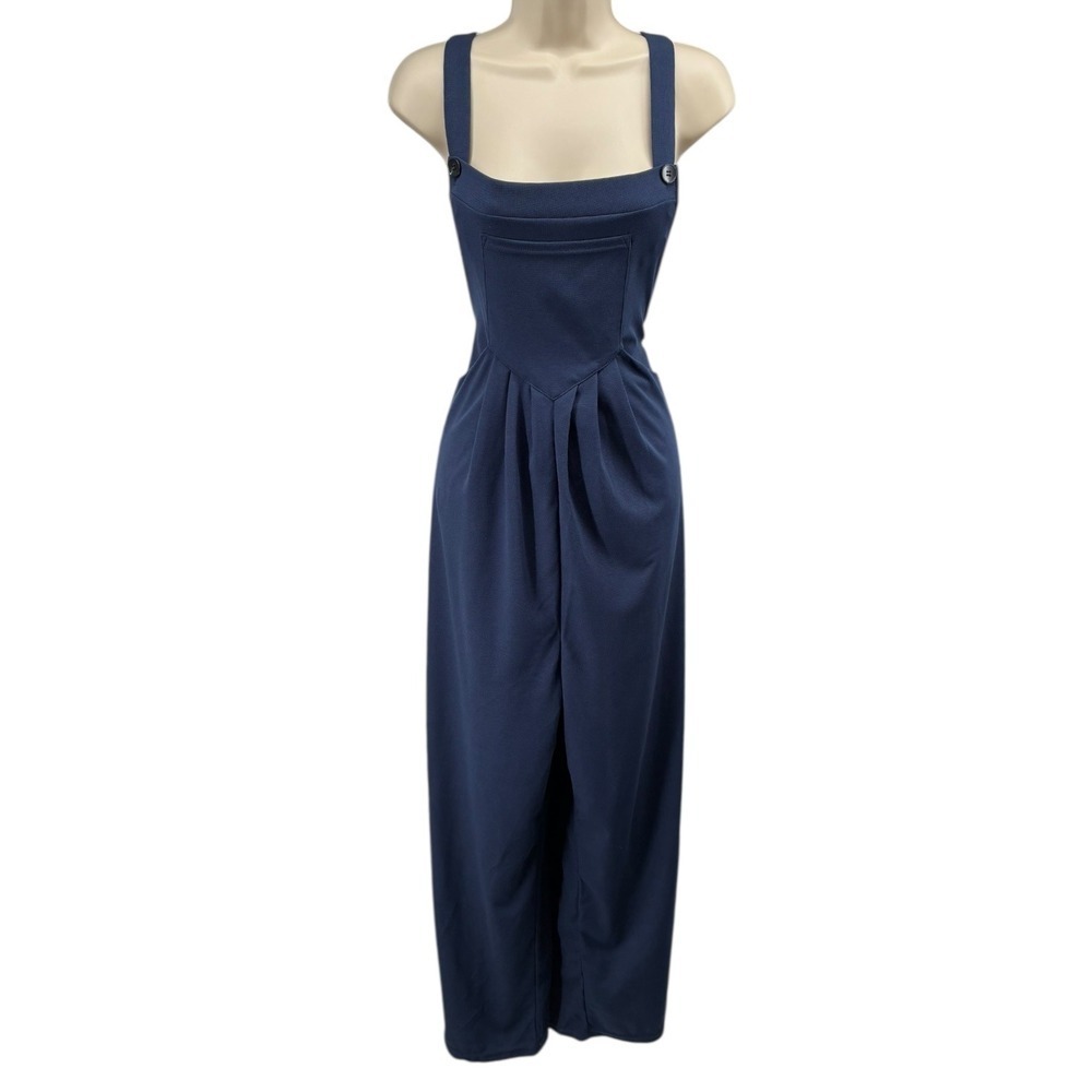 Halara‎ Navy Waffle Knit Wide Leg Jumpsuit Button Strap Size M NWT
